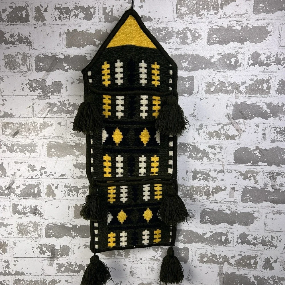 Vintage Syrian Wool Kilim Hanging Wall Pocket Hand Woven Green Gold Tassels 24